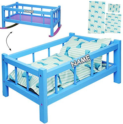 alles-meine.de GmbH UMBAUBAR - großes Holz - Puppenbett & Puppenwiege - inkl. Name - 43 cm groß - mit Bettzeug - Bunte Farben - Holzwiege Schaukelbett - für Puppen groß - Bett Ho..