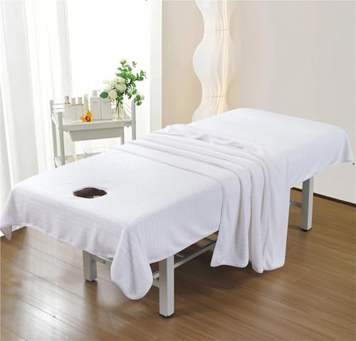 Mikrofaser Massageliege Laken Waschbares Massageliege Handtuch Weiches Massagetücher Massagetischbezug mit Loch Massageliege Bezug, für Massageliege, Schönheitsbett Spa, Schönheit(White,210cmx120cm-No