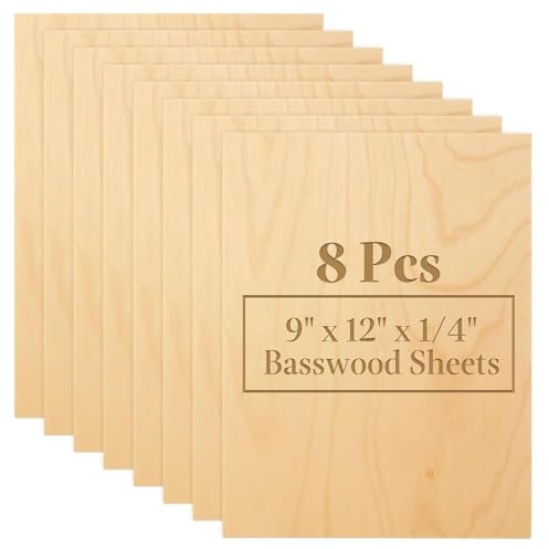 LOYORTY 8PCS 12 x 9 Inch Basswood Sheets for Crafts, 1/4 Inch(6mm) Thick Plywood Sheets, Unfinished Unfinished Wood Pieces for Laser Cutting, CNC Cutting and Wood Burning