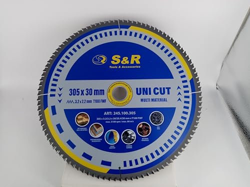 S&R Lama per Sega Circolare 305 x 30 mm 100 Denti FWF - Disco da Taglio per Metallo Alluminio Profili di Acciaio Legno - Lama Compatibile con Sega Circolare da Tavolo Bosch Makita Einhell Ryobi