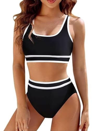 Mayoii Costume da bagno da donna a 2 pezzi, a vita alta, con slip imbottito push-up e controllo della pancia, costumi da bagno, Nero , S