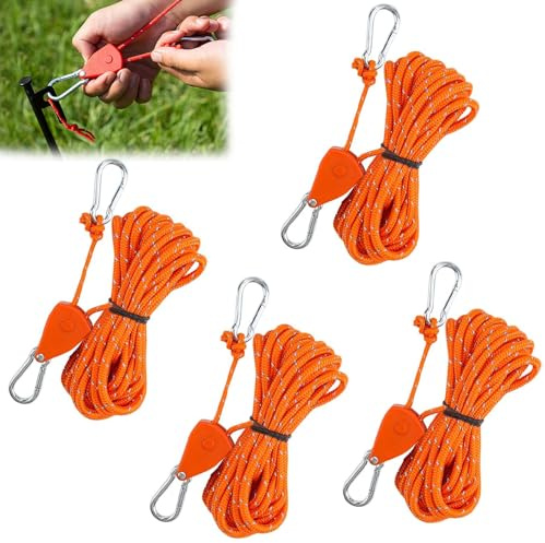 Roysmart 4 Stück Seilratsche, Einstellbare Ratchet Hanger, 4 M Winddichtes Outdoor Seil mit Ratsche, Abspannseile mit Seilspanner, Reflektierende Abspannseile für Outdoor Camping Markise