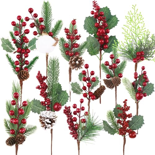 Morofme 12 Stück Künstliche Tannenzweige mit Rote Beeren Deko, Weihnachtszweige mit Tannenzapfen, Baumwolle, Blättern, Weinreben für DIY Weihnachtsgirlande, Weihnachtsbaum Deko