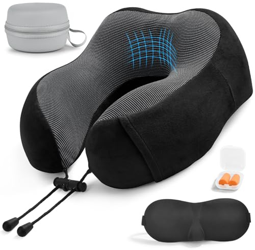 RUACDIQ Oreiller de Voyage pour Avion, Coussin de Nuque pour Voyage, Oreiller de Voyage en Mousse à Mémoire de Forme pour Adultes avec Masque pour Dormir+ Bouchons d’Oreilles + Sac Transport(Noir)
