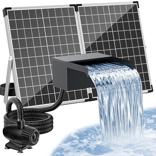POPOSOAP 55W Solar Wasserfall mit Teichpumpe 2000 l/h im Außenbereich | Wasserfall Teich mit 20 cm breite Edelstahl-Wasserfall Box, 3,0 m Wellenrohr, betriebsbereit für Garten-Teichwasserfeatures