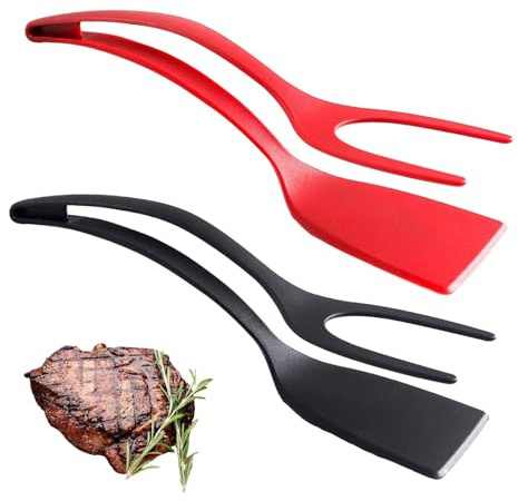 Egg Spatula, 2 In 1 Grip & Flip Kitchen Grip and Flipp Tongs Spatula Tongs for Pancakes, Fish, Eggs Turners, Frying Turning Grilling Cooking Tool(Black+Red)