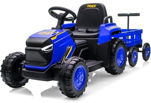 Baloveby Tractor Eléctrico para Niños con Remolque Desmontable Doble Motor, 12V Coche Electrico con Control Músic, Control Remoto 2,4G, 3 Velocidades, Luces LED, Bocina para Niños 3+ Años