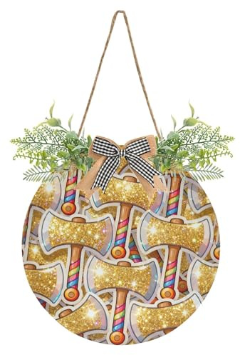 FFYHO Golden Sparkle Axes Door Wreaths for Front Door Outside, Round Hanging Signs for Home Decor Holiday Porch Wall Farmhouse Indoor Outdoor Decorations