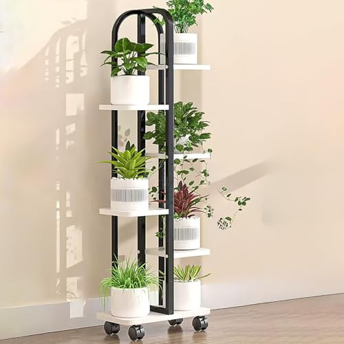 HTTGDGDH Supporto per Piante in Metallo, Scaffale per Piante A 4/5/6 Livelli con Ruote, Porta Piante in Legno, Supporto per Vasi di Fiori A più Livelli, per Patio, Soggiorno, Bal,Black a 6 Tier