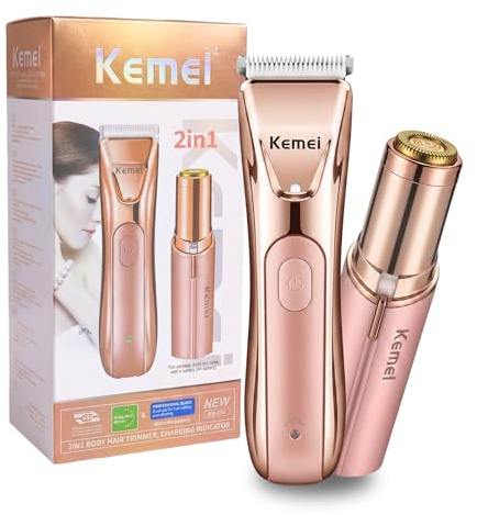 KEMEI Afeitadora Eléctrica Mujer 2 en 1 Inalámbrica, Recortadora Corporal y Depiladora Facial, Cortapelos Femenina Suave y Sin Dolor con Luz LED, para Piernas Axilas Zona Íntima Bikini(Champán)