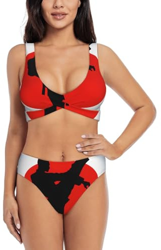ZGHQHCDRH Taekwondo Design Print Two Piece Bikini Sets for Women High Waisted Bikini Swimsuit U-Back Bathing Suit Black
