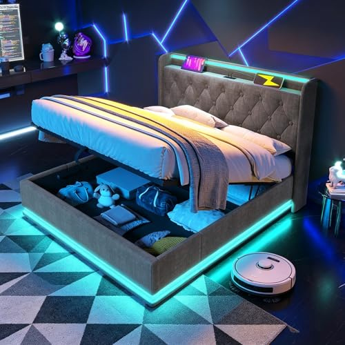 Double Ottoman Bed Frame with Hydraulic Storage, 4ft6 Upholstered Platform Bed Frame with 360 Surround LED Lighting & Charging Station, Gas Lift Up Fabric Storage Bed with Slats, Grey, No Mattress