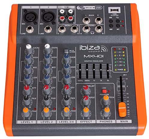 Ibiza - MX401 - Completo mezclador semiprofesional de 4 canales (ecualizador de 5 bandas) con entradas de micrófono y línea y salidas REC, RCA, auriculares y AUX - USB - Negro y naranja