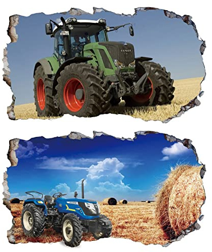 2Pcs Wandtattoo Traktor Trecker 3D Effekt XXL Farm Feld Landwirtschaft Wandaufkleber Fenster Selbstklebend für Junge Kinderzimmer Groß 1000mmx600mm v09