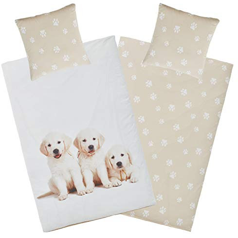Aminata kids Bettwäsche Hund 135x200 Hunde-Pfoten-Motiv Hundewelpen Kinder-Bettwäsche-Set Baumwolle YKK Reißverschluss - beige Jungen Mädchen Hundebettwäsche