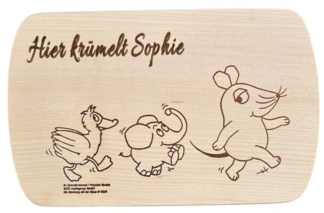 Frühstücksbrett aus Ahornholz – „Sendung mit der Maus“ – personalisiert mit Gravur – Kinder Frühstücksbrettchen Holz – Brotzeitbrett für Kindergarten & Schule – Made in Germany