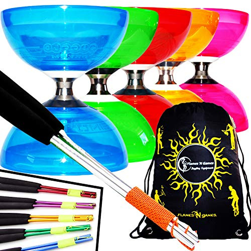 Juggle Dream Cyclone QUARTZ II Pro Diabolo Set (6Colours) Triple Ball Bearing Clutch Diabolos + Matching Coloured Ali Metal Handsticks, Diablo String & Bag! (Green Diabolo + Green Handsticks)