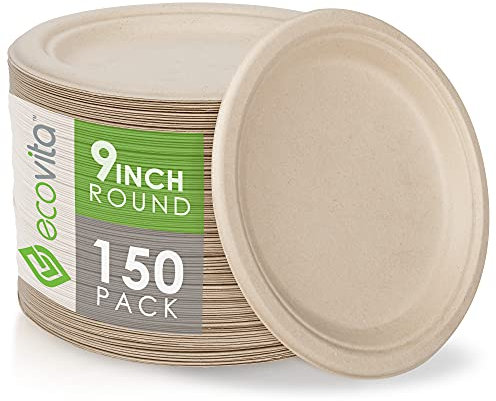 Ecovita 100% Compostable Paper Plates [9 in.] – 150 Disposable Plates Eco Friendly Sturdy Tree Free Liquid and Heat Resistant Alternative to Plastic or Paper Plates