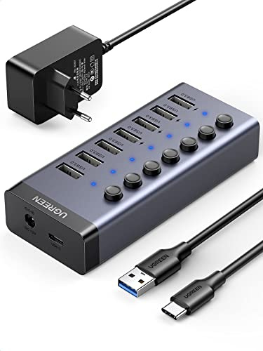 UGREEN USB Hub 7 Port mit Unabhängigem Schalter und 24W Netzteil (12V/ 2A) USB Hub 3.0 Aktiver zur Ladung und Datenübertragug Aluminiumgehäuse kompatibel mit MacBook, Surface Pro7 und Anderen Laptops