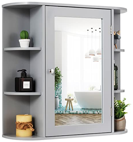 GOPLUS Spiegelschrank Holz mit Ablagen, Badschrank mit Spiegel, Hängeschrank Wandschrank Bad, 66 x 63 x 16,5 cm (Grau)