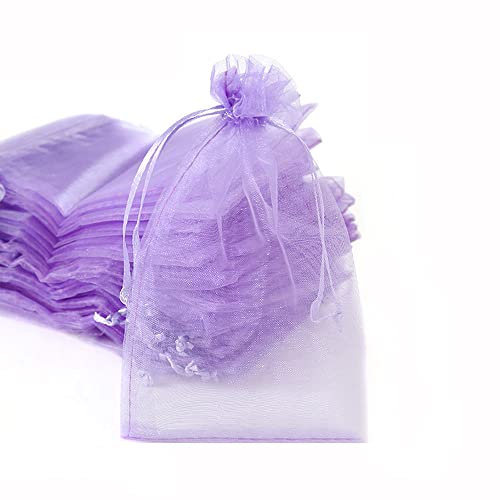 100 Sacchetti in organza da riempire, con cordoncino, per festival, feste, matrimoni, bomboniere, gioielli, lavanda, idea regalo, 7 x 9 cm, lilla chiaro