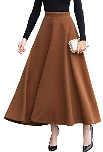 ebossy Women's Vintage High Waist Wool Blend Plaid A-Line Long Maxi Skirt with Pocket (XX-Large, Pure Camel)