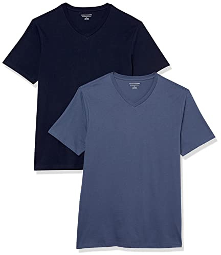 Amazon Essentials mäns Slim-Fit kortärmad V-ringad t-shirt, paket med 2, mörk marinblå/stålblå, Large