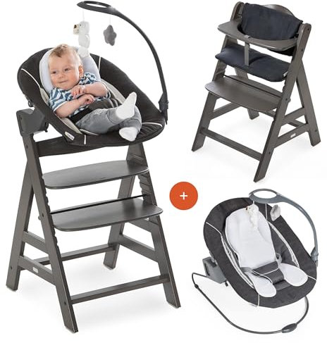 hauck Alpha+ Newborn Set Deluxe - Baby Holz Hochstuhl ab Geburt mit Liegefunktion - inkl. Aufsatz für Neugeborene & Sitzpolster - mitwachsend, verstellbar - Charcoal