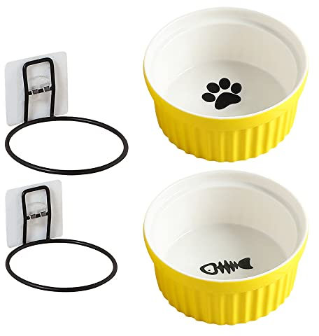 Ciotola in ceramica per gatti rialzati, a parete per animali da compagnia elevata, confezione da 2 contenitori per alimentazione per cani con cremagliera in ferro, con pasta senza unghie, staccabile