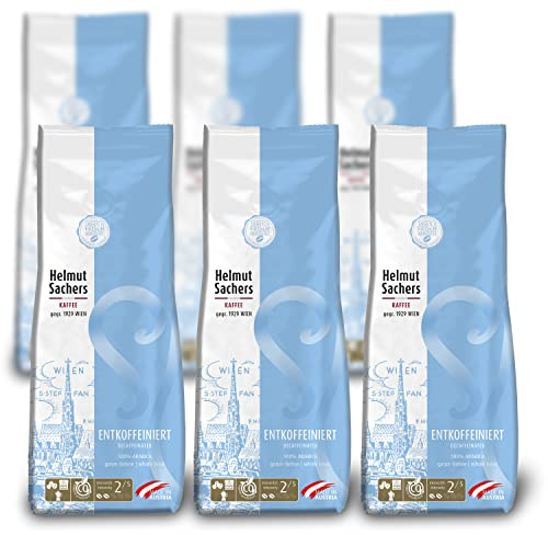 Helmut Sachers Kaffee - Entkoffeiniert, Intensität 2/5, 100% Arabica, ganze Kaffeebohnen, 6 x 500g