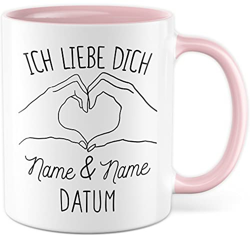 Tasse à café avec inscription en allemand « Ich liebe dich » - Cadeau de Saint-Valentin - Personnalisable - Idée cadeau pour petit ami, petite amie, partenaire (blanc/rose)