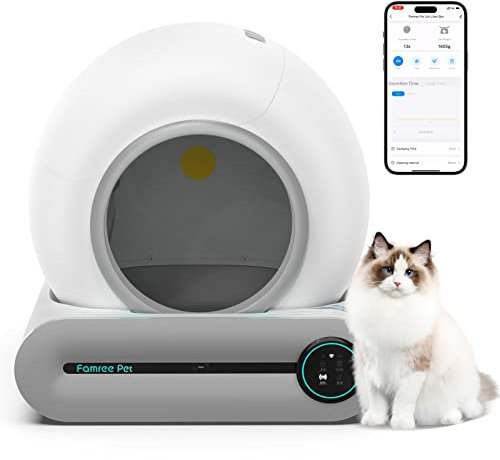 Famree Pet Selbstreinigende Katzentoilette, SelbstreinigendApp-Steuerung/65L Maximales Fassungsvermögen, 9L großem Fassungsvermögen Automatisches Katzenklo für Mehrere Katzen Grau
