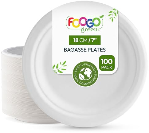 FOOGO Green 100 Assiettes Bagasse Canne à Sucre 18cm Rondes | Pulpe de canne à sucre, Écologiques, Biodégradables, Compostables, Plats chauds, Pique-nique, Fête, Robustes