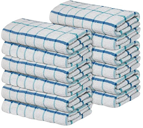 Quick Cleaning Supplies - 12 Kitchen Terry Tea Towel Set - Cotton – Reusable and Highly Absorbent Essential Dish Cloths - 39 x 65 cm - Tea Towels and Bar Towels (Turquoise/Blue, 12)