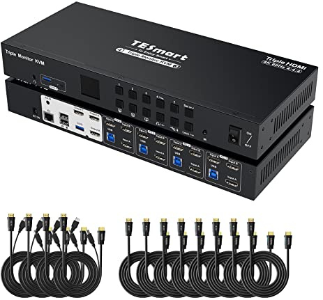 TESmart USB 3.0 4K 60Hz HDMI KVM Switch 3 Moniteur 4 PC, Commutateur KVM 3 écrans, avec Émulateurs EDID, Hotkey Switch, Casque, Audio et Microphone, 4 ports HDMI switches, avec Câbles Inclus