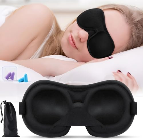 Brencco Mascherina per Dormire, 2 Paia Tappi Orecchie per Dormire, Mascherina per Occhi per Donne e Uomini, Maschera da Viaggio 3D Anti-luce, Ultra Morbida e Confortevole, Nero