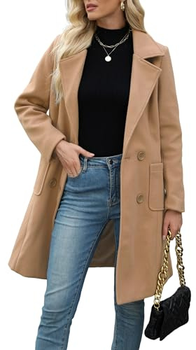 Bankeng Women Winter Wool Blend Camel Mid-Long Coat Notch Double-Breasted Lapel Jacket Outwear (S,Khaki)