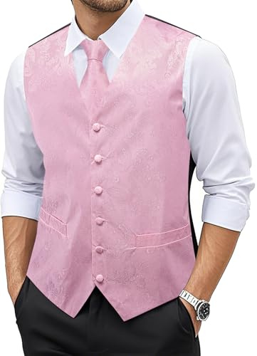 YOHOWA Juego de 6 chalecos para hombre con bolsillo para corbata, gemelos cuadrados, flor de cachemira, cuello en V en seda, perfecto para ocasiones formales e informales, rosa claro, XXL