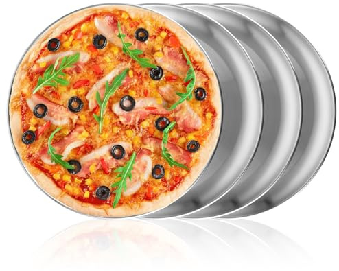 SHUESS 4 Stück Pizzablech Rund 30cm, Pizzaform Edelstahl 12 Inch, Pizza Blech, Pizza Backblech zum Backen, Gesund＆Ungiftig, Einfach zu Reinigen＆Spülmaschinenfest