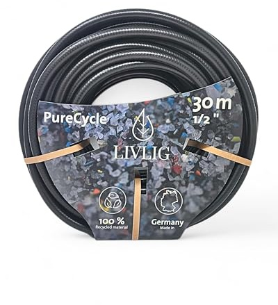LIVLIG Trädgårdsslang 30 m, trädgårdsslang 1/2 tum tillverkad i Tyskland, vattenslang 30 m tillverkad av 100 % återvunnet material, svart trädgårdsslang, PureCycle
