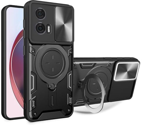 UPLAI Funda para Motorola Moto G85, Ultra Delgado Antigolpes Armadura Carcasa con Deslizar Cámara Cover y Soporte Magnética, Premium PC+TPU Duradero Estuche Caso.Negro