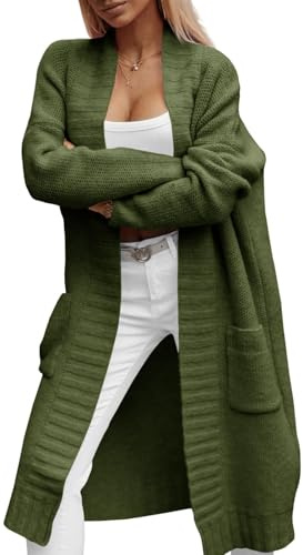 Imily Bela Damkofta med fickor lång grovstickad kofta höst stickad kappa vinter öppen front tröja, Militärgrön, L