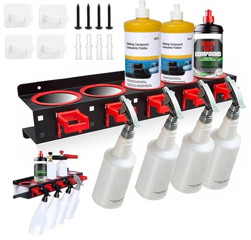 AstraLoom Spray Bottle Holder, 70lb Heavy Duty Wall Mounted Steel Rack with 5 Holes & 9 Hooks, Fits 8.5cm Bottles, Spray Adhesive Can Storage Holder for Car Detailing, Workshop & Garden
