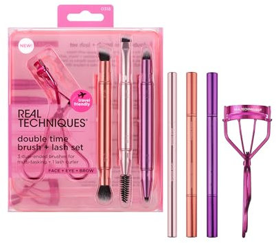 Real Techniques Double Time Brush + Lash 4 Piece Set, Dual-Ended Eye Makeup Brushes For Eyeshadow & Brows, Travel-Friendly Brush Caps For Storage, Eyelash Curler Included, Cruelty-Free