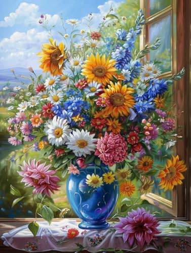 RKFLGEW 14CT Kreuzstich Set Vorgedruckt Sonnenblumen In Einer Vase Gestempeltes Kreuzstich-Kit Blume Ölgemälde Stickset Für Anfänger Erwachsene Diy Kreuzstiche Nadelspitzen-Sets 40x50cm