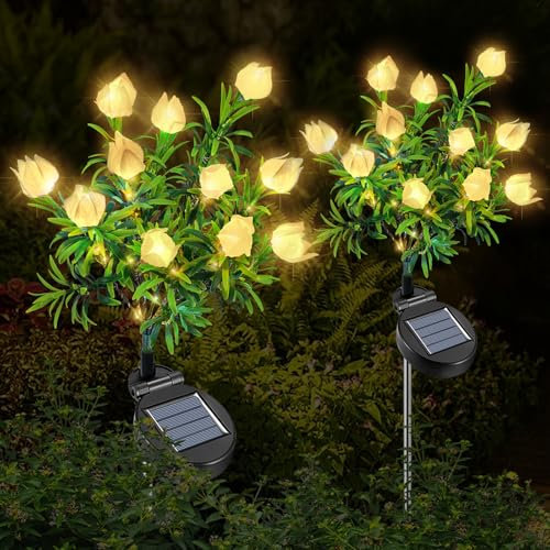 Qoosea Luces Solares Jardín Exterior, 2 Piezas Luz Solar de Flores Gardenia LED, Lámparas Solares Decorativa IP65 Impermeable, Decoración para Patio, Césped, Boda, Fiestas, Navidad (Blanca Cálida)