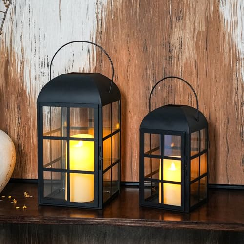 TRIROCKS Uppsättning av 2 dekorativa ljuslykta 25 och 35 cm hög dekorativ utomhuslykta metallljushållare med härdat glas för hem, trädgård, gård, uteplats, fester, evenemang inomhus och utomhus (svart