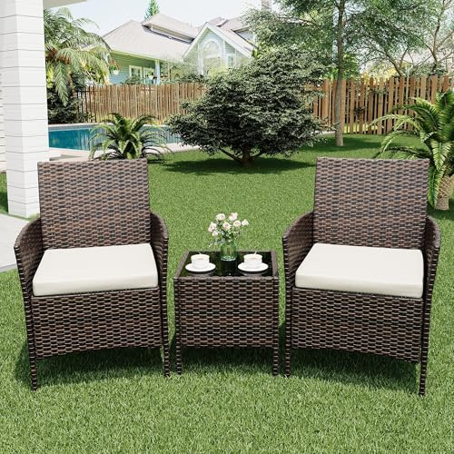 Litake Rattan Gartenmöbel Set, Balkonmöbel Set 3 Teiliges mit Wetterfeste Gartentisch und 2 Stühlen, Balkon Sessel Set Lounge Gartenmöbel Garten Sitzgruppe Gartengarnitur Patio Furniture (Brown)