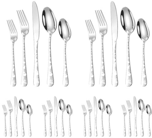 XIAOYU Ménagère de Noël 30 pièces, comprenant 12 fourchettes, 12 cuillères et 6 couteaux, motif de Noël, en acier inoxydable poli miroir, compatible lave-vaisselle, Argent