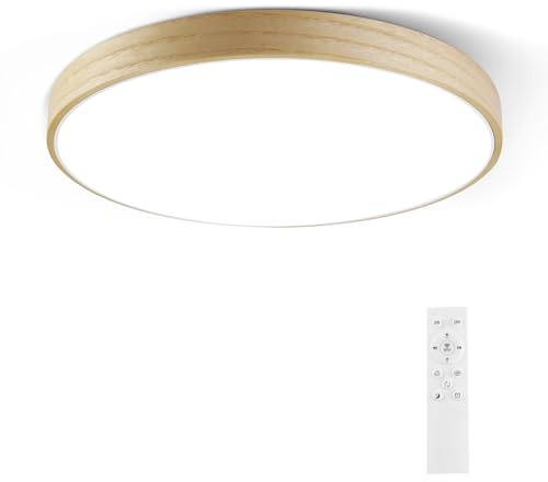 Horevo Lámpara de Techo LED de 30cm con Altavoz Bluetooth y Control Remoto: Luz LED Rgulable, Marco de Madera de Haya Natural, Iluminación Moderna Multifunción para el Hogar, la Cocina, el Dormitorio